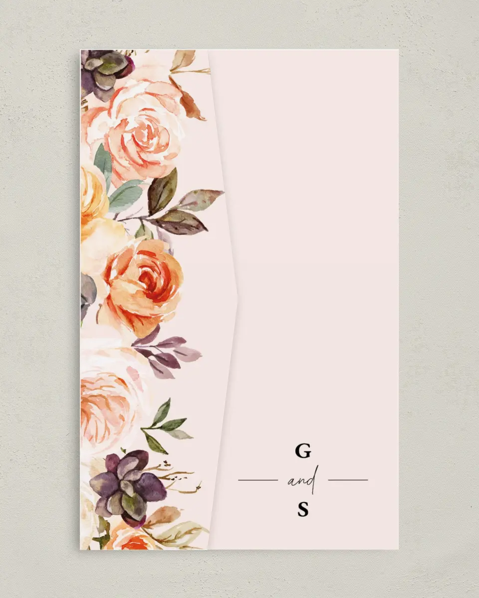 This is a 5" x 7⅞" Pocket Wedding Invitation called Romantic Garden printed in full color on Premium Smooth paper