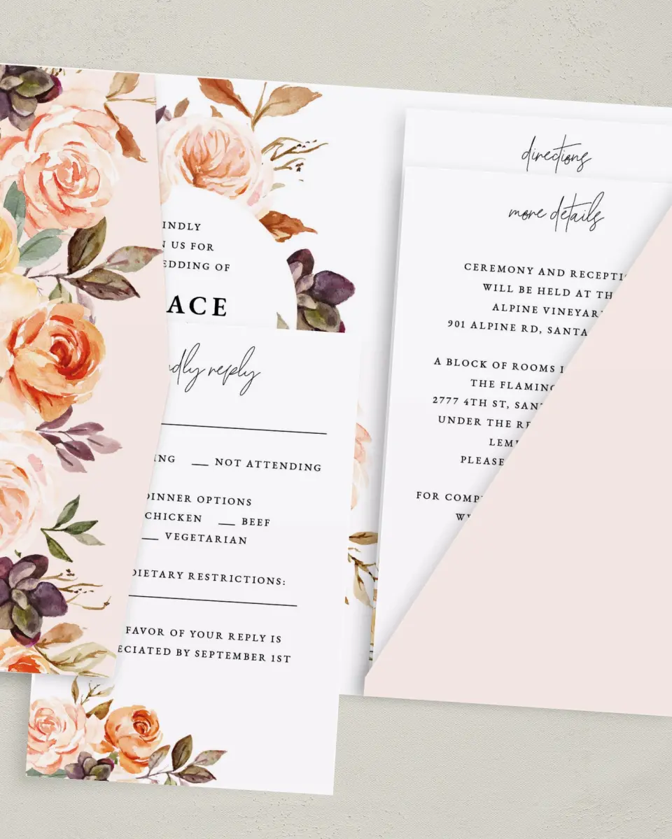 This is a 5" x 7⅞" Pocket Wedding Invitation called Romantic Garden printed in full color on Premium Smooth paper