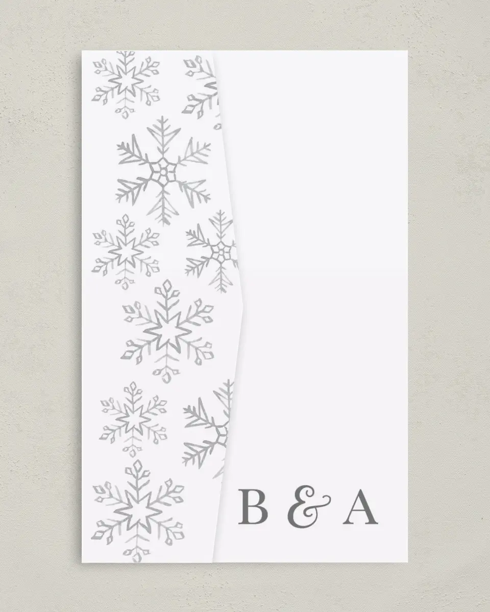 This is a 5" x 7⅞" Pocket Wedding Invitation called Sweet Snowflakes printed in full color on Premium Smooth paper