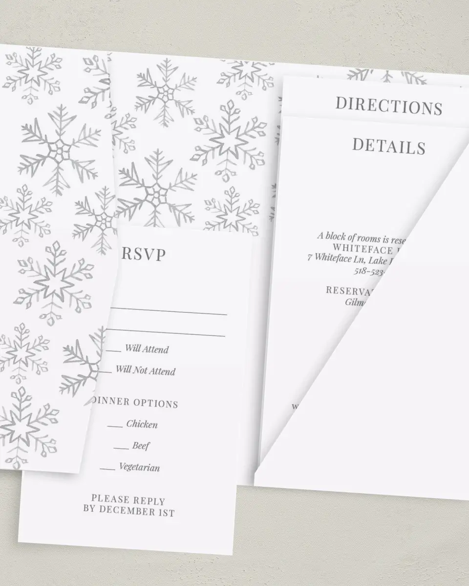 This is a 5" x 7⅞" Pocket Wedding Invitation called Sweet Snowflakes printed in full color on Premium Smooth paper