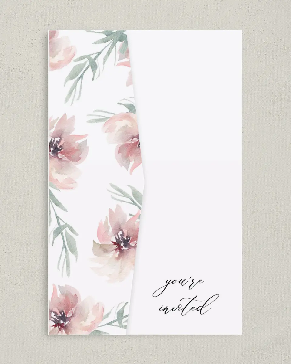 This is a 5" x 7⅞" Pocket Wedding Invitation called Soft Florals printed in full color on Premium Smooth paper
