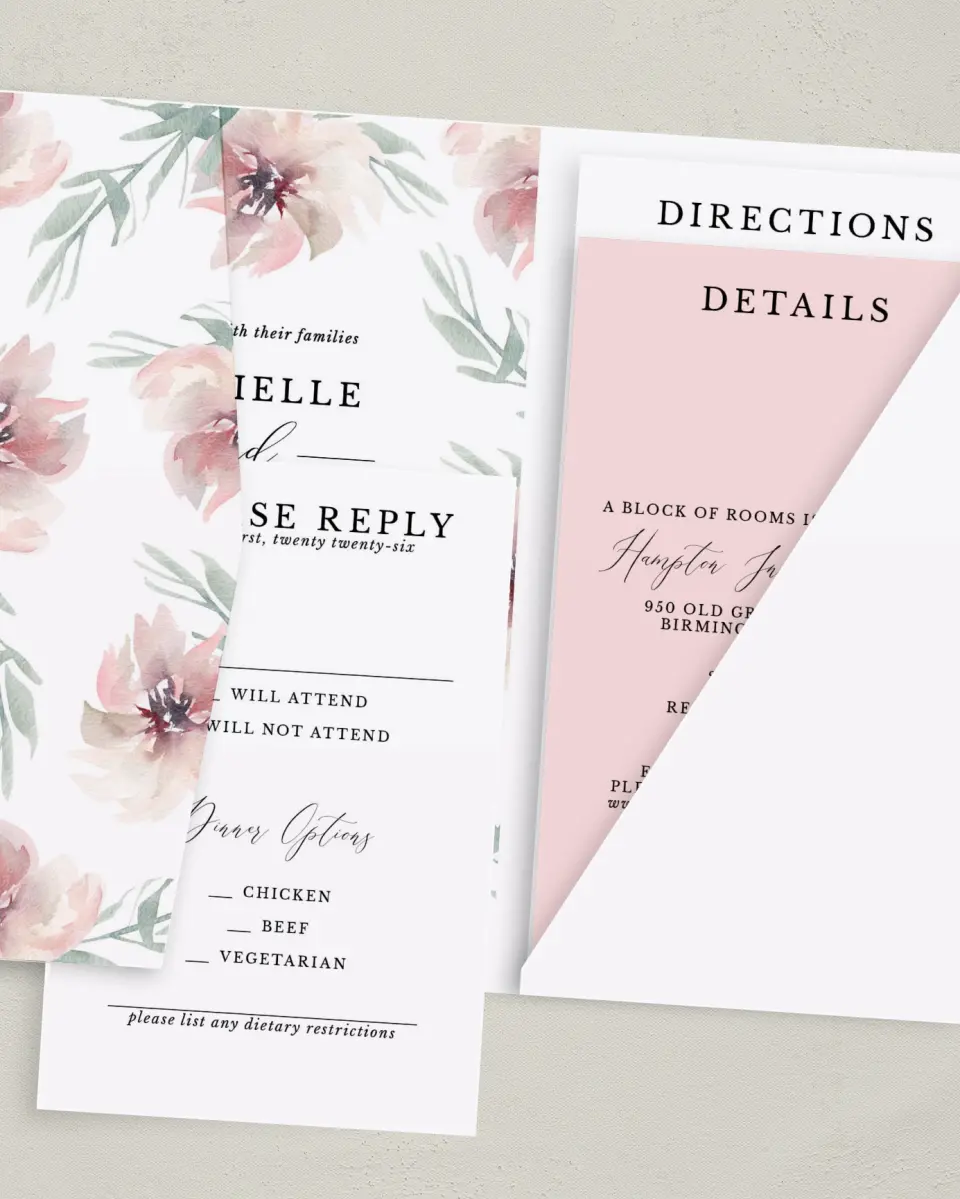 This is a 5" x 7⅞" Pocket Wedding Invitation called Soft Florals printed in full color with Gold foil on Luxe Satin (coated) paper