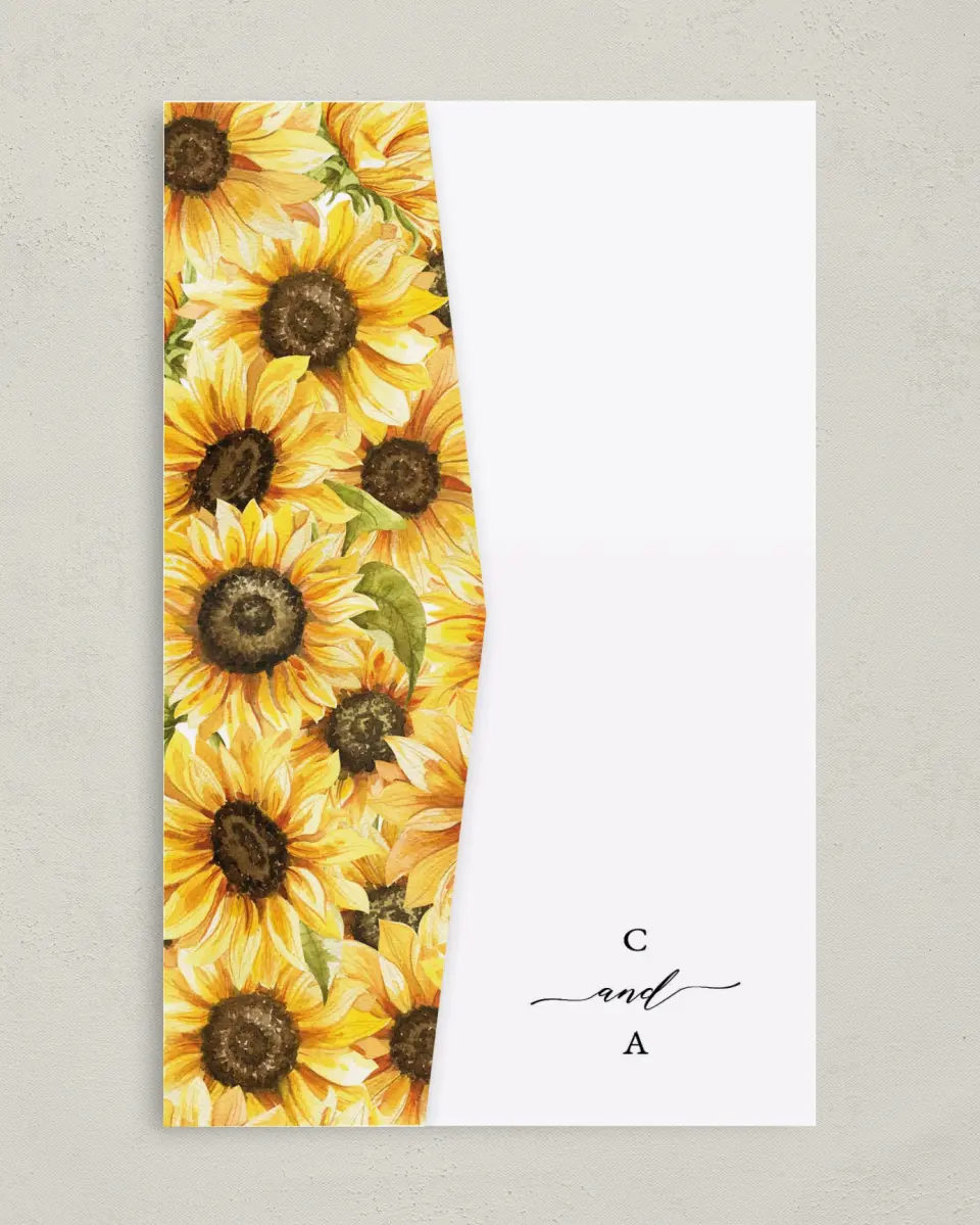 This is a 5" x 7⅞" Pocket Wedding Invitation called Sunflower Bliss printed in full color on Premium Smooth paper
