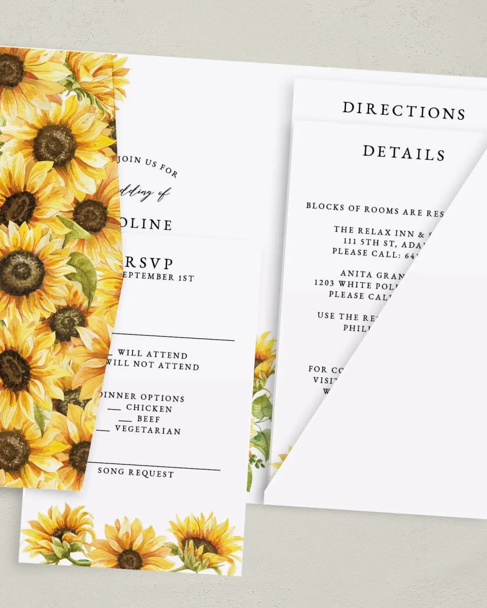 This is a 5" x 7⅞" Pocket Wedding Invitation called Sunflower Bliss printed in full color with Gold foil on Luxe Satin (coated) paper