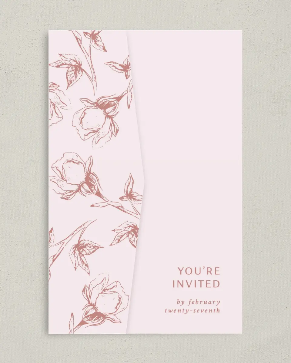 This is a 5" x 7⅞" Pocket Wedding Invitation called Blooming Bud printed in full color on Premium Smooth paper