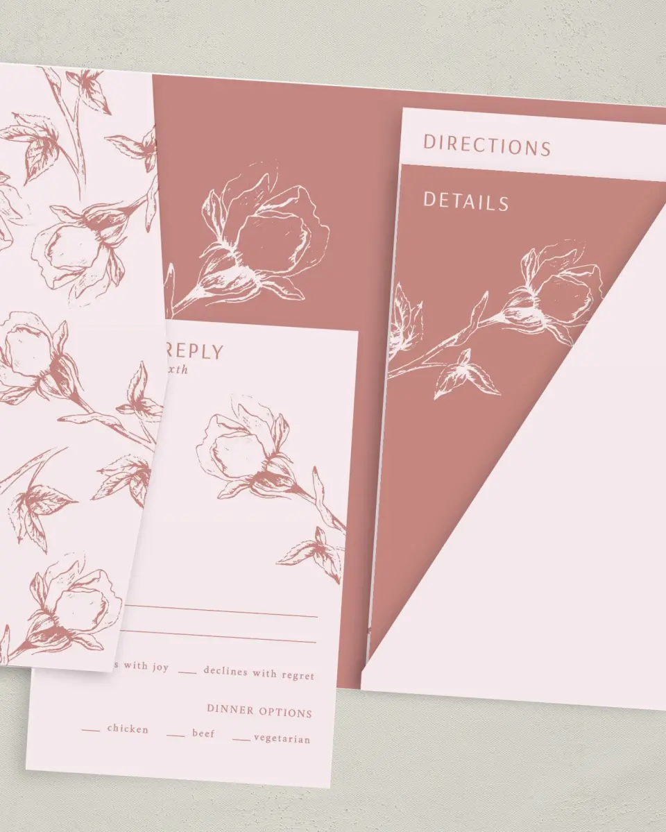 This is a 5" x 7⅞" Pocket Wedding Invitation called Blooming Bud printed in full color with Gold foil on Luxe Satin (coated) paper