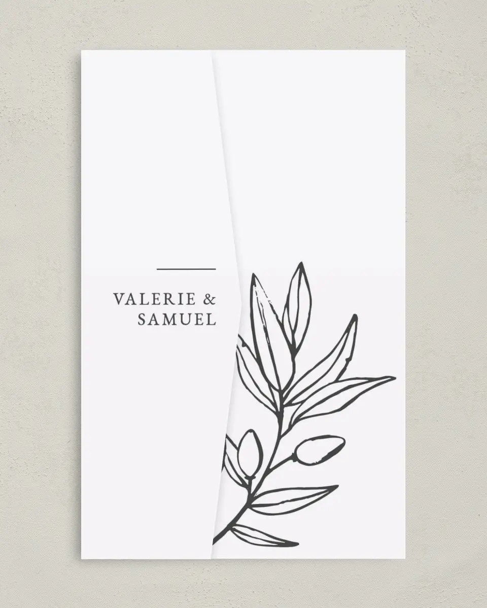 This is a 5" x 7⅞" Pocket Wedding Invitation called Branch Sketch printed in full color on Premium Smooth paper
