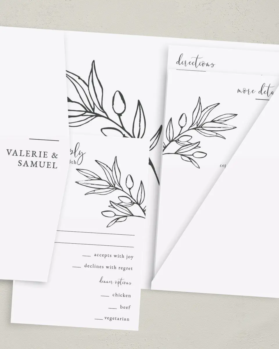 This is a 5" x 7⅞" Pocket Wedding Invitation called Branch Sketch printed in full color with Gold foil on Luxe Satin (coated) paper