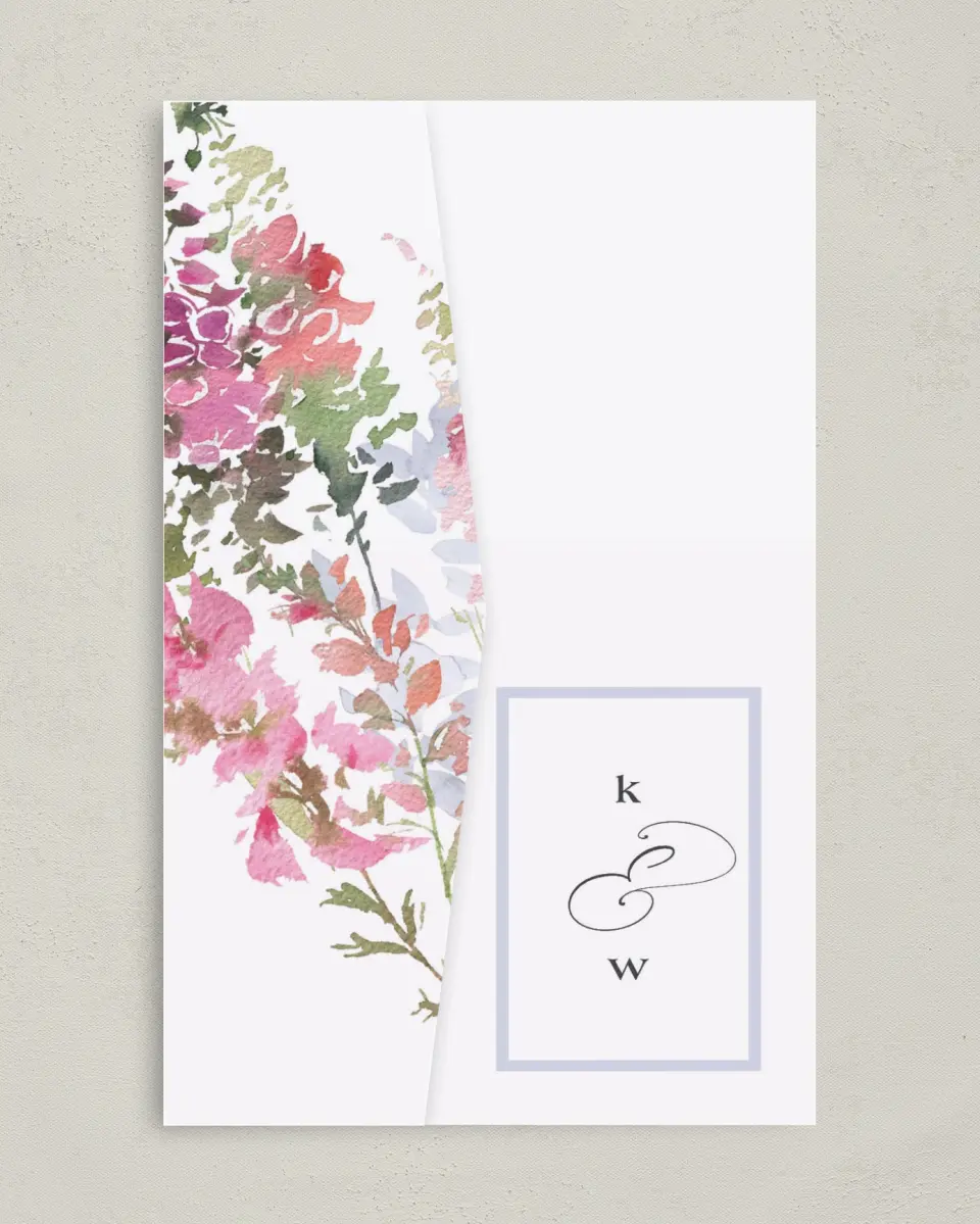 This is a 5" x 7⅞" Pocket Wedding Invitation called Blushing Bouquet printed in full color on Premium Smooth paper