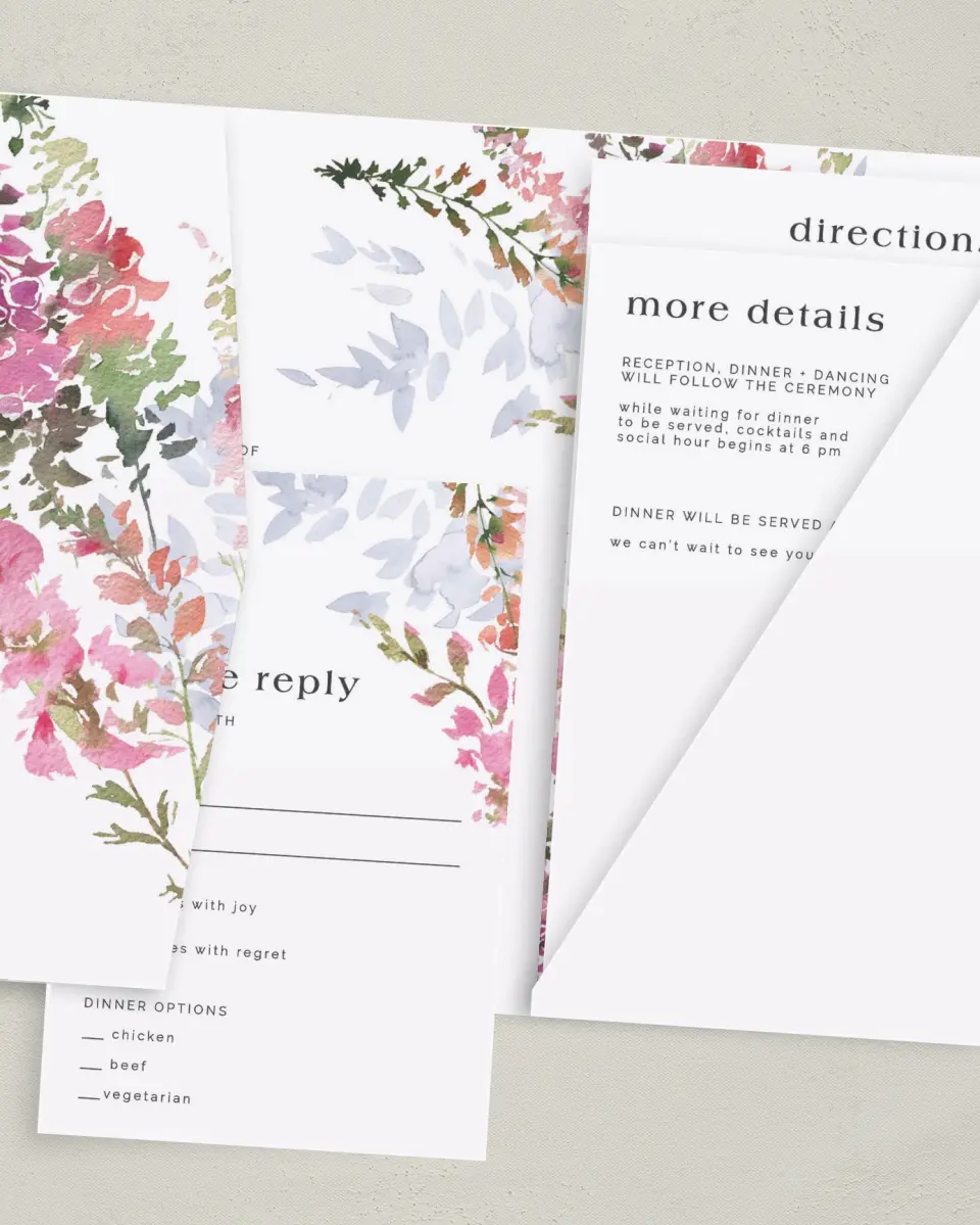 This is a 5" x 7⅞" Pocket Wedding Invitation called Blushing Bouquet printed in full color with Gold foil on Luxe Satin (coated) paper