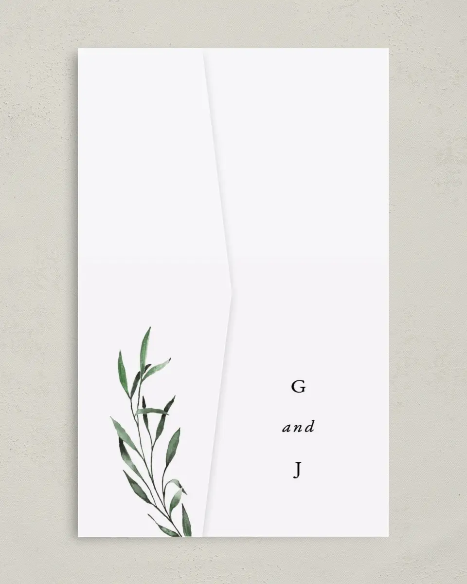This is a 5" x 7⅞" Pocket Wedding Invitation called Tender Twig printed in full color on Premium Smooth paper