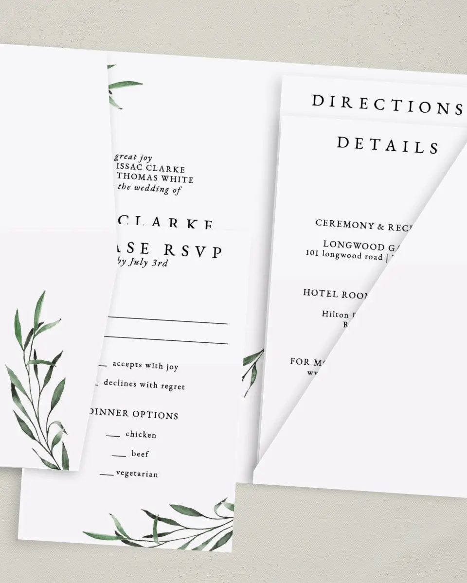 This is a 5" x 7⅞" Pocket Wedding Invitation called Tender Twig printed in full color on Premium Smooth paper