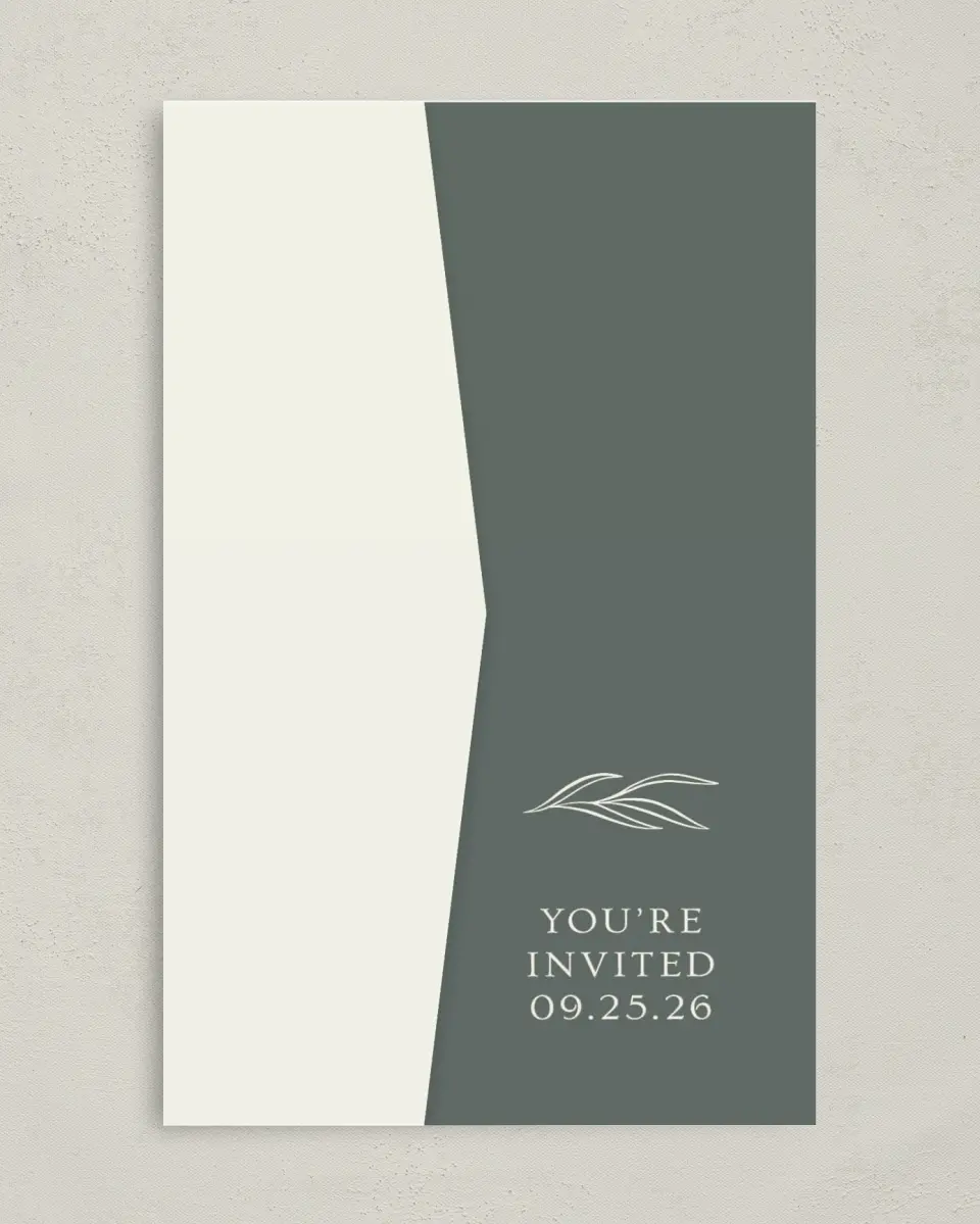 This is a 5" x 7⅞" Pocket Wedding Invitation called Whisper Twig printed in full color on Premium Smooth paper