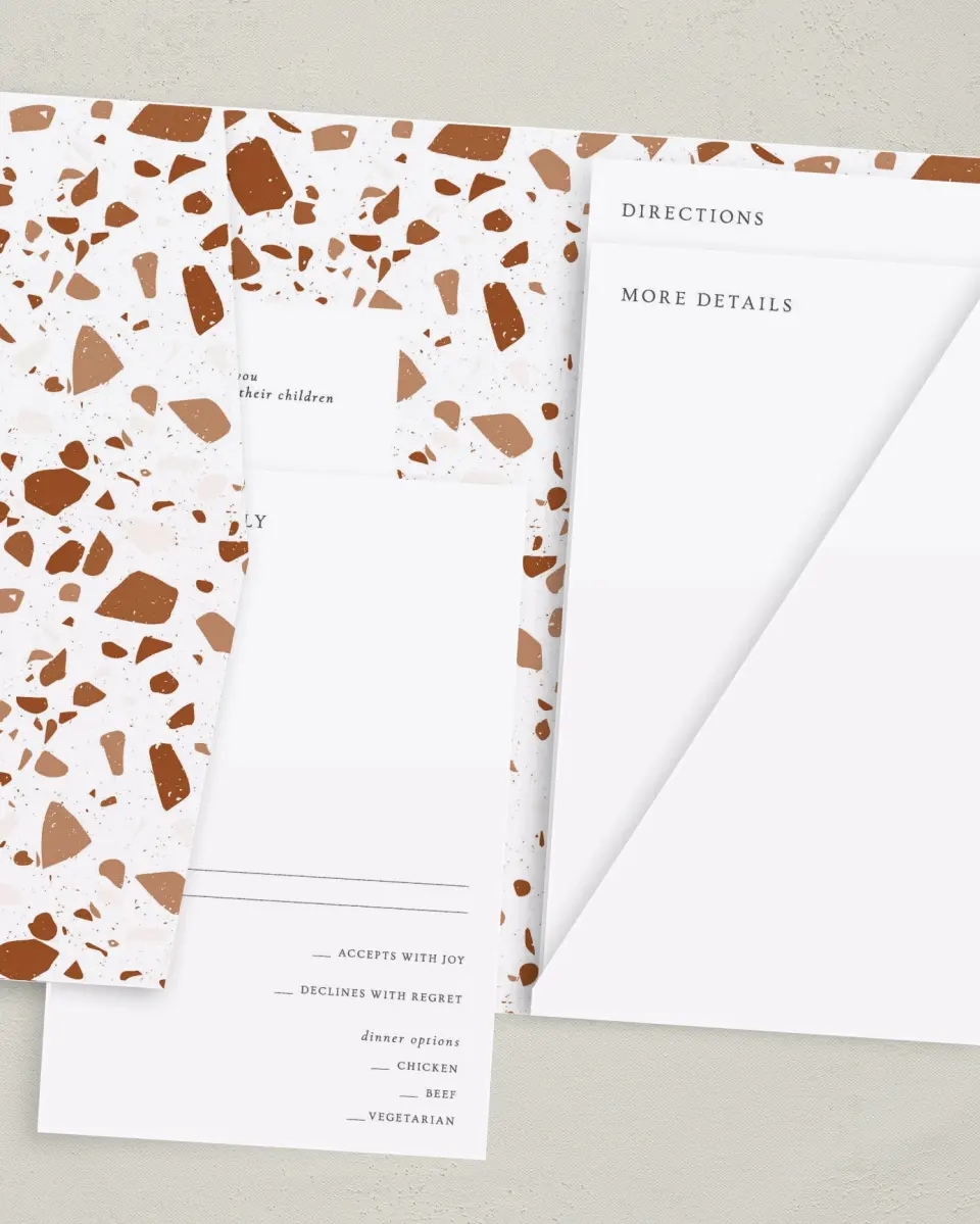This is a 5" x 7⅞" Pocket Wedding Invitation called Cornerstone of Love printed in full color on Premium Smooth paper
