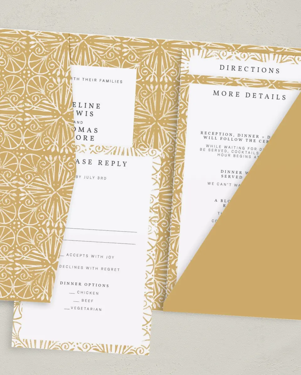 This is a 5" x 7⅞" Pocket Wedding Invitation called Decorated Luxury printed in full color on Premium Smooth paper