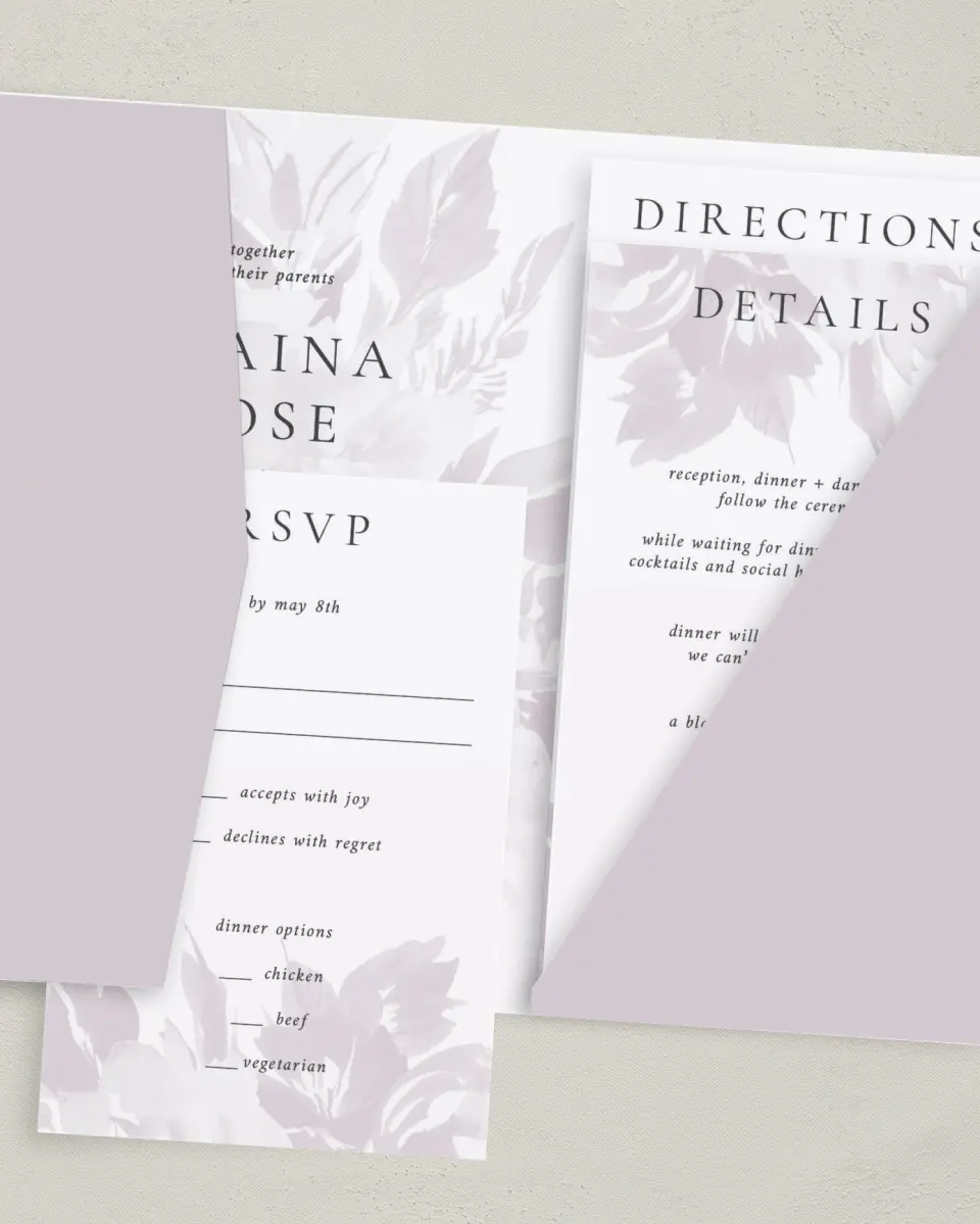 This is a 5" x 7⅞" Pocket Wedding Invitation called Floral Burst printed in full color on Premium Smooth paper