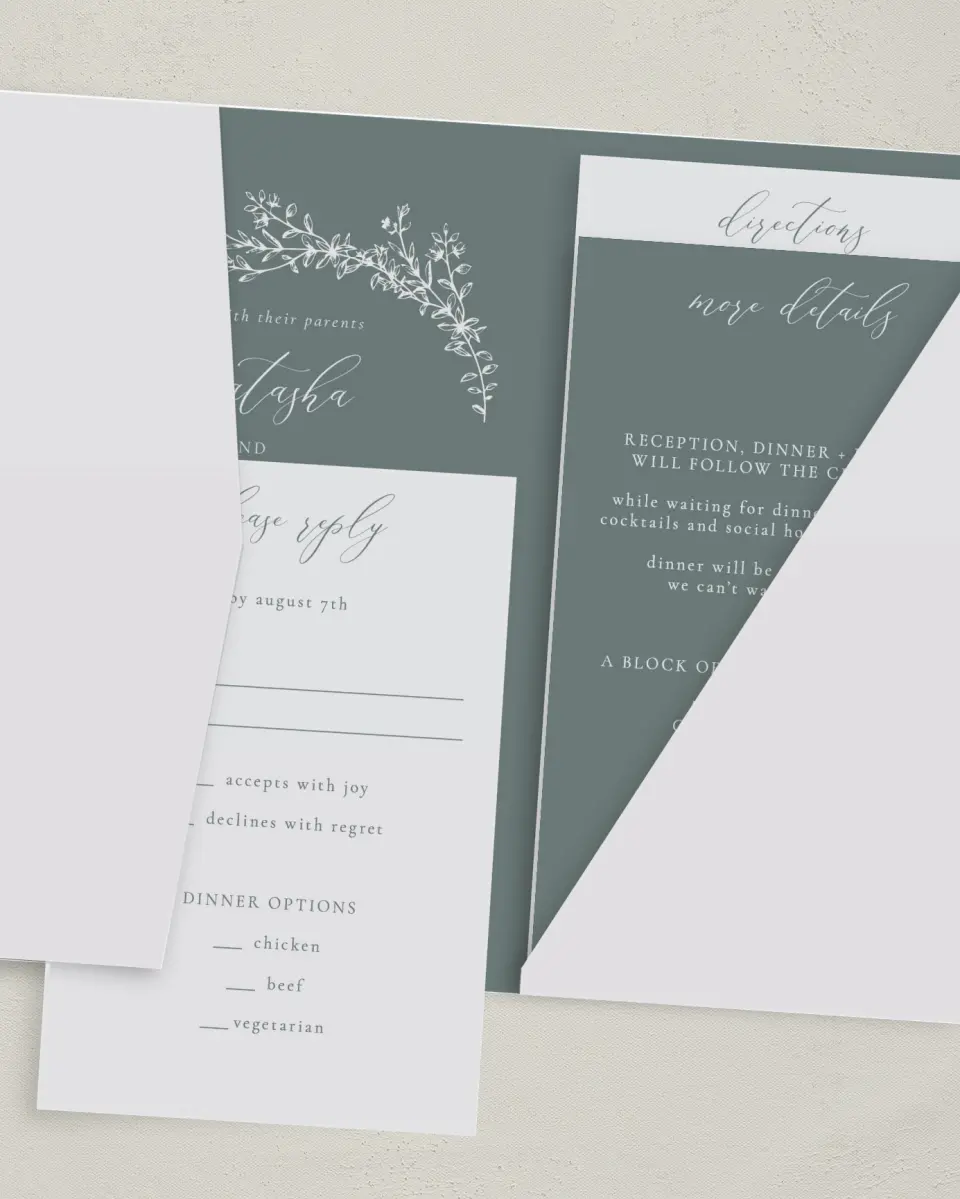 This is a 5" x 7⅞" Pocket Wedding Invitation called Timeless Order printed in full color with Gold foil on Luxe Satin (coated) paper