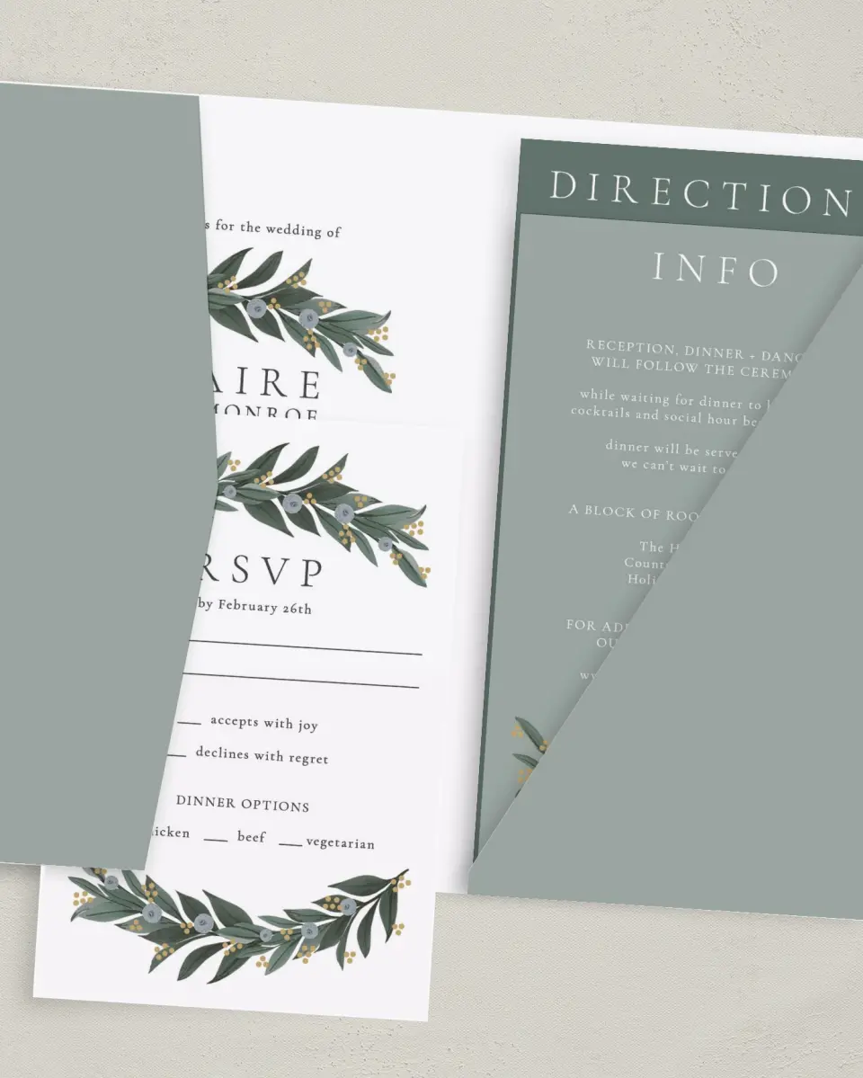 This is a 5" x 7⅞" Pocket Wedding Invitation called Majestic Love printed in full color on Premium Smooth paper
