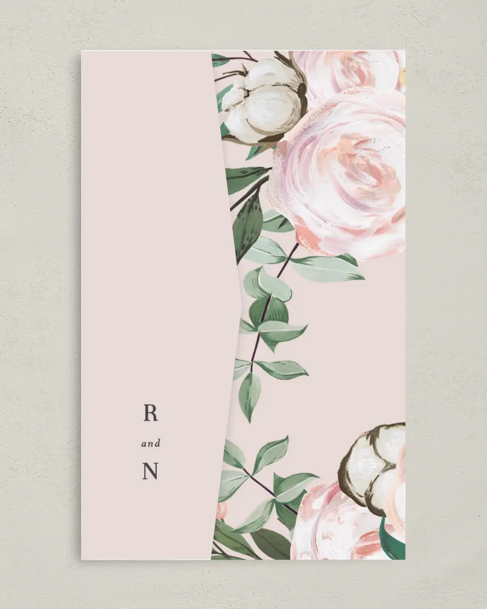 This is a 5" x 7⅞" Pocket Wedding Invitation called Soft Rose printed in full color on Premium Smooth paper