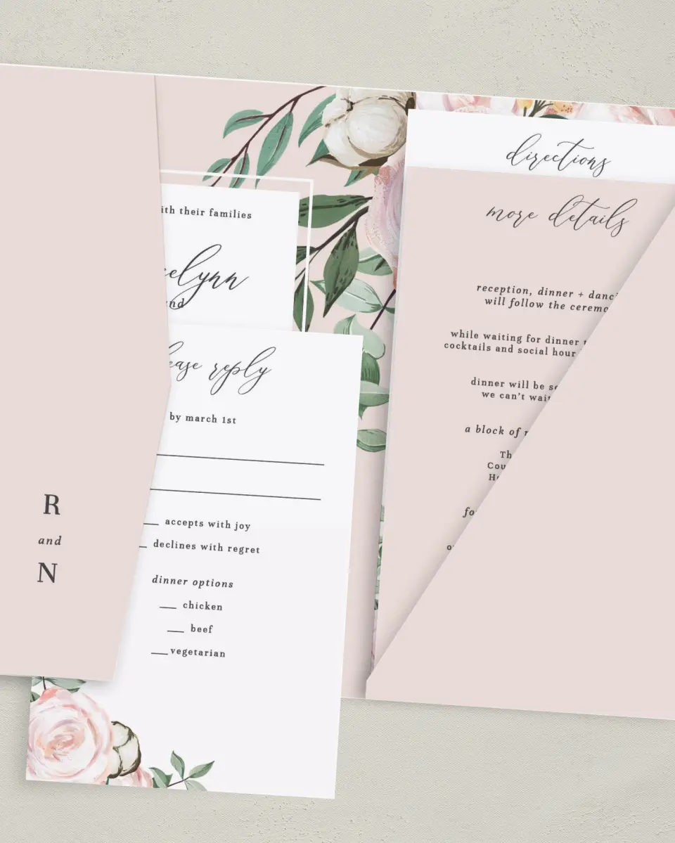 This is a 5" x 7⅞" Pocket Wedding Invitation called Soft Rose printed in full color on Premium Smooth paper