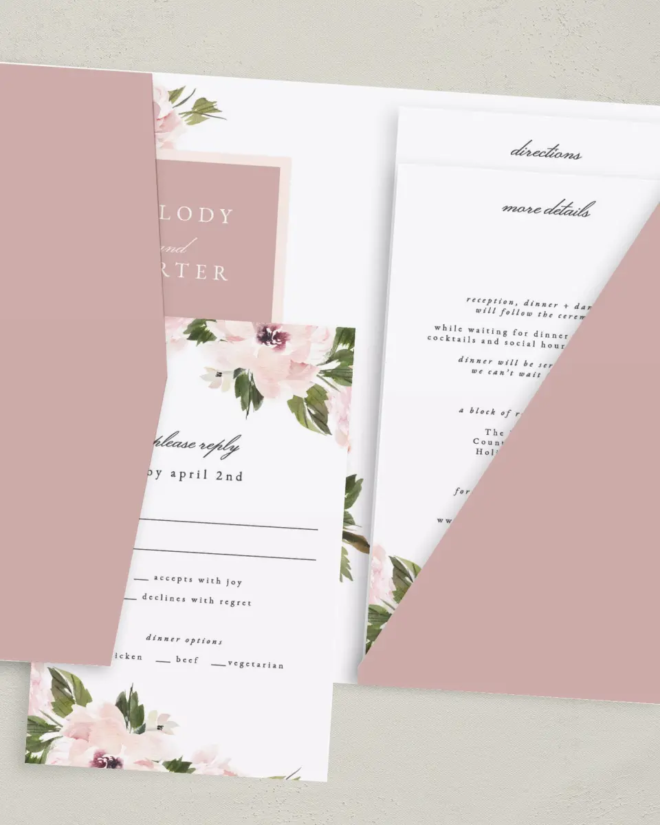 This is a 5" x 7⅞" Pocket Wedding Invitation called Sweet Floral printed in full color on Premium Smooth paper