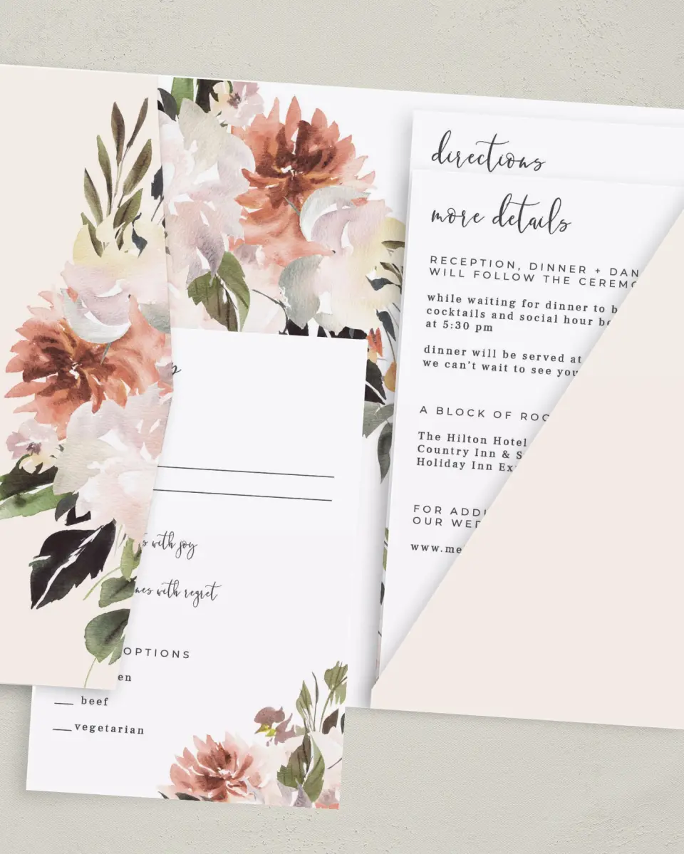 This is a 5" x 7⅞" Pocket Wedding Invitation called Natural Love printed in full color with Gold foil on Luxe Satin (coated) paper