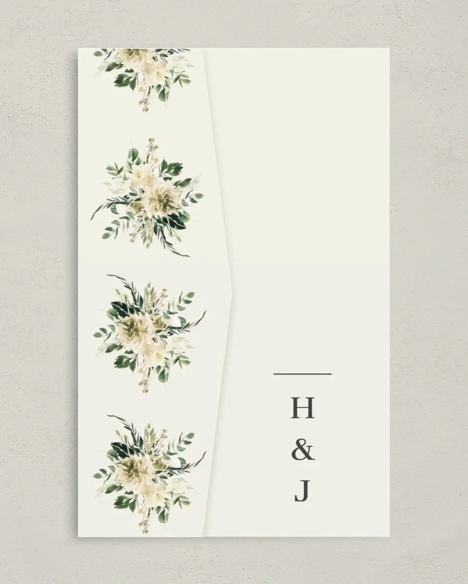 This is a 5" x 7⅞" Pocket Wedding Invitation called Honest Bouquet printed in full color on Premium Smooth paper