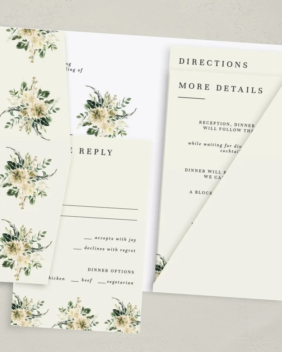 This is a 5" x 7⅞" Pocket Wedding Invitation called Honest Bouquet printed in full color with Gold foil on Luxe Satin (coated) paper