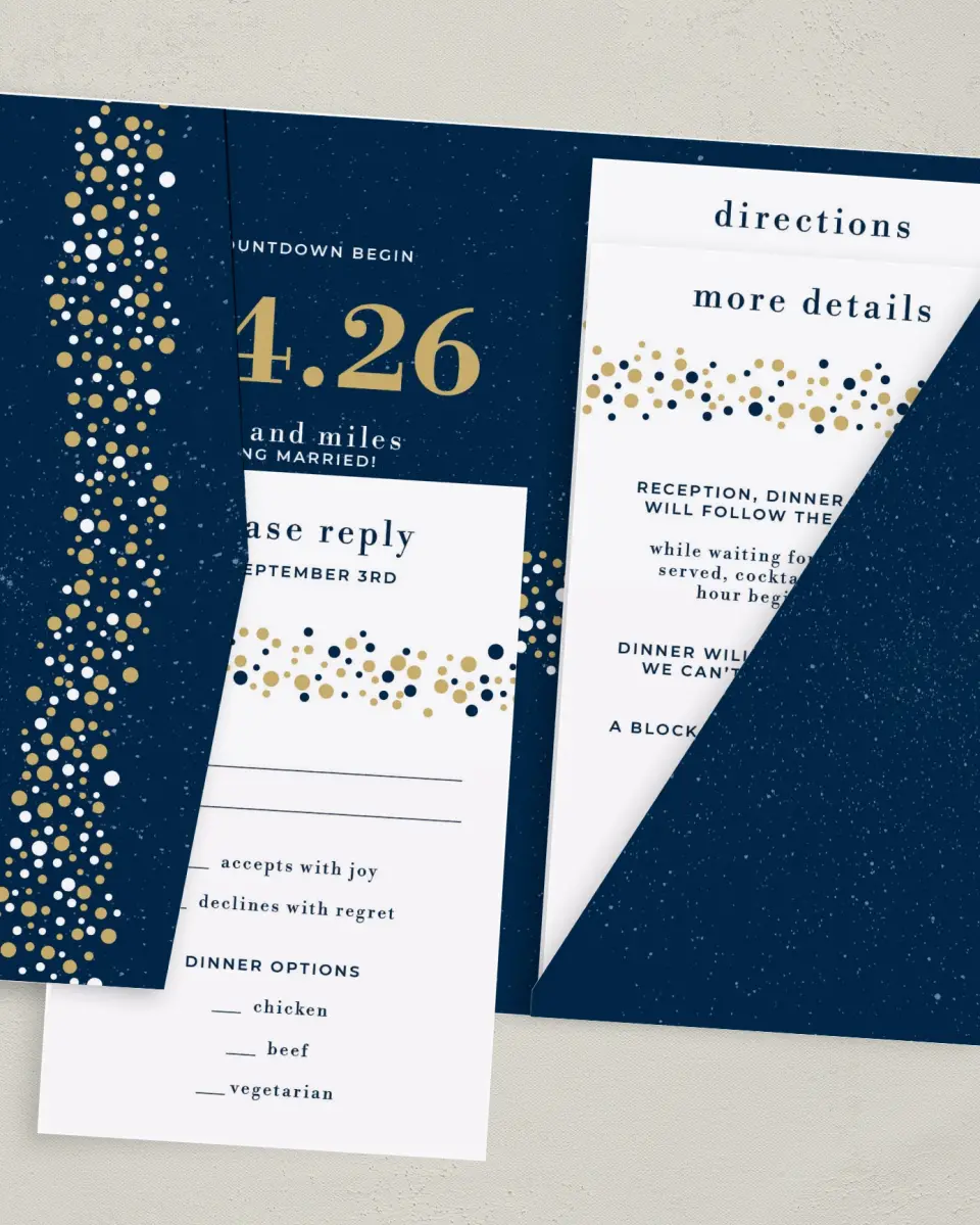 This is a 5" x 7⅞" Pocket Wedding Invitation called Modern Countdown printed in full color on Premium Smooth paper