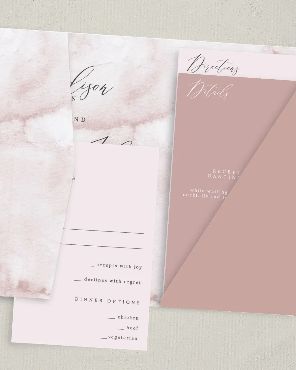This is a 5" x 7⅞" Pocket Wedding Invitation called Gentle Touch printed in full color with Gold foil on Luxe Satin (coated) paper