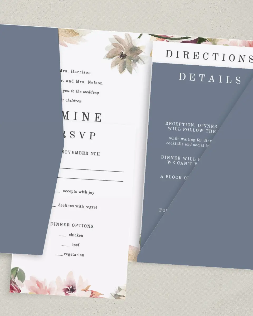 This is a 5" x 7⅞" Pocket Wedding Invitation called Natural Floral printed in full color with Gold foil on Luxe Satin (coated) paper