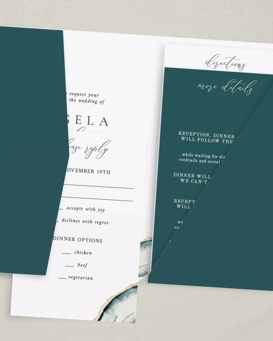 This is a 5" x 7⅞" Pocket Wedding Invitation called Rich Structure printed in full color on Premium Smooth paper