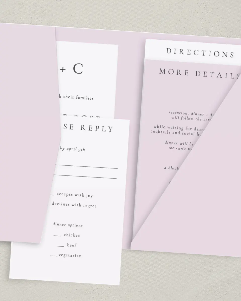 This is a 5" x 7⅞" Pocket Wedding Invitation called Modest Moment printed in full color on Premium Smooth paper