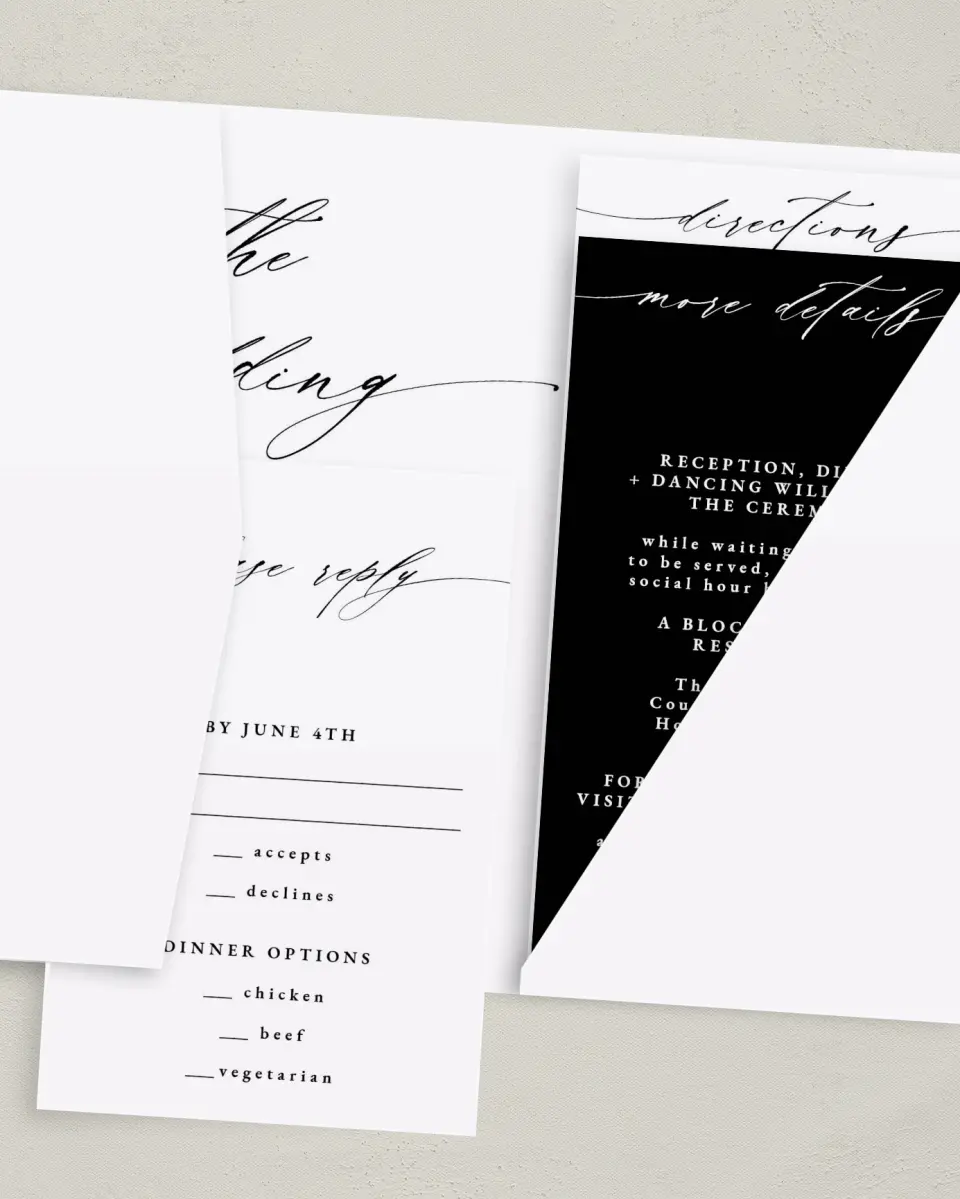 This is a 5" x 7⅞" Pocket Wedding Invitation called Simple Drama printed in full color on Premium Smooth paper