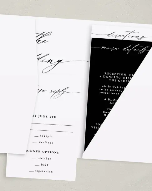 This is a 5" x 7⅞" Pocket Wedding Invitation called Simple Drama printed in full color on Premium Smooth paper
