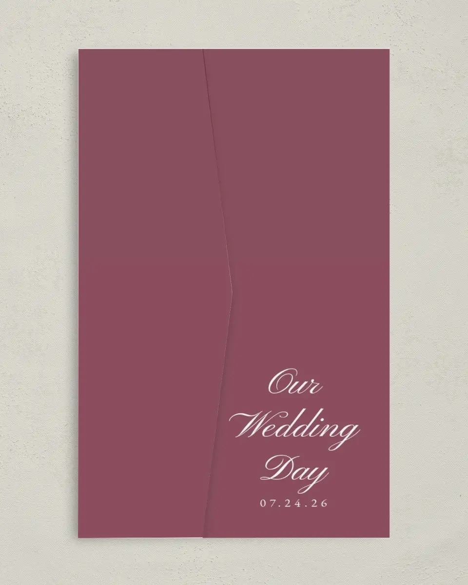 This is a 5" x 7⅞" Pocket Wedding Invitation called Quietly Quaint printed in full color on Premium Smooth paper