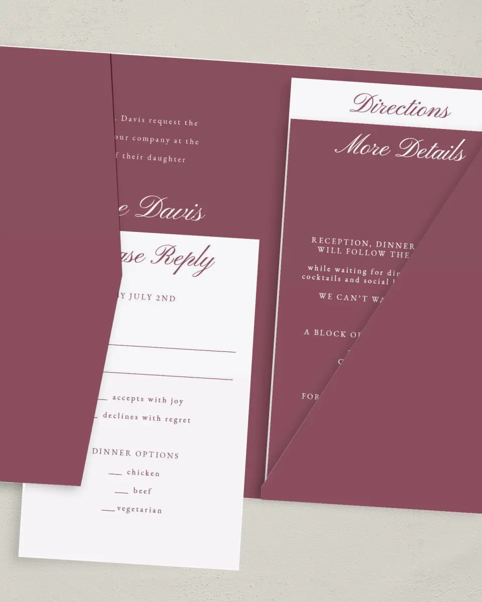 This is a 5" x 7⅞" Pocket Wedding Invitation called Quietly Quaint printed in full color with Gold foil on Luxe Satin (coated) paper