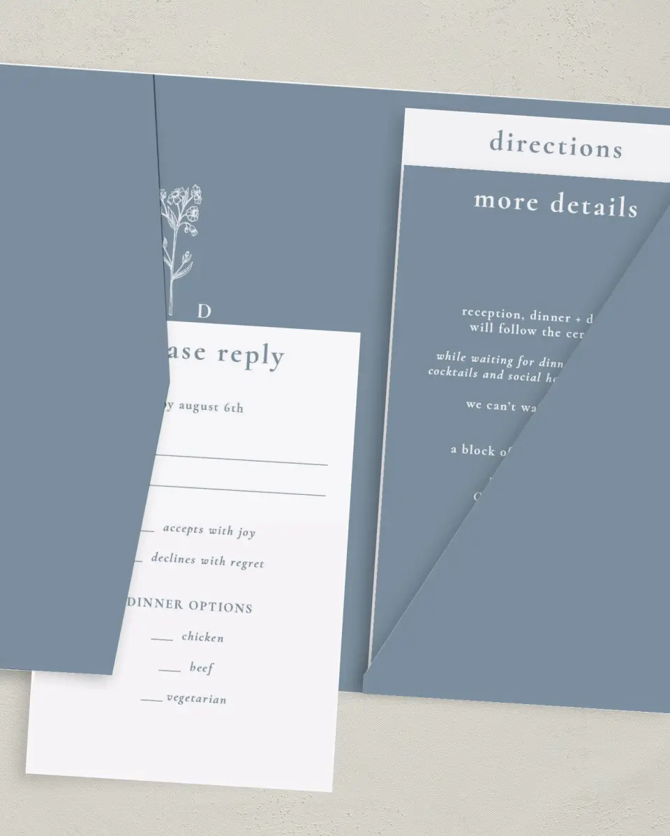 This is a 5" x 7⅞" Pocket Wedding Invitation called Fine Floret printed in full color with Gold foil on Luxe Satin (coated) paper