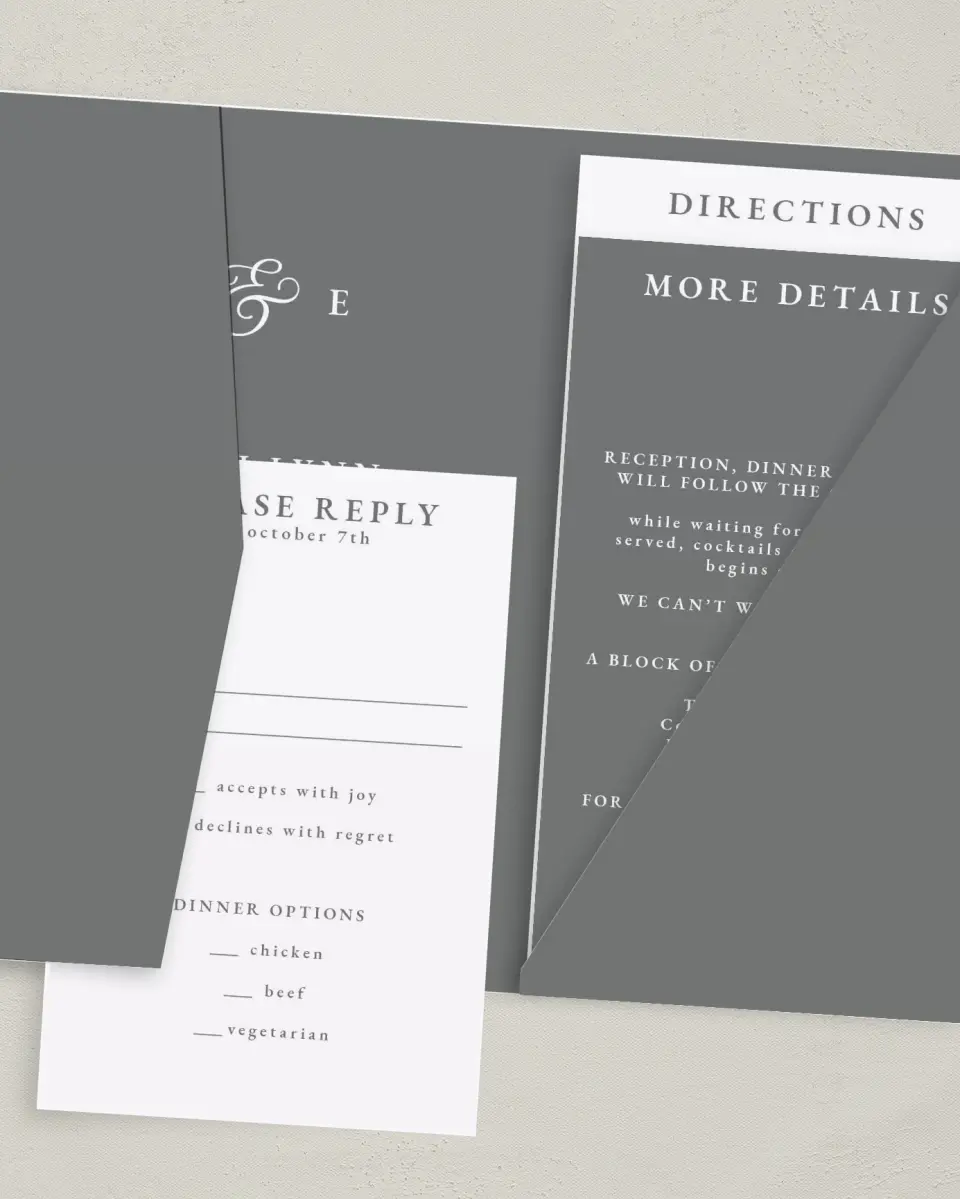 This is a 5" x 7⅞" Pocket Wedding Invitation called Heavenly Harmony printed in full color on Premium Smooth paper