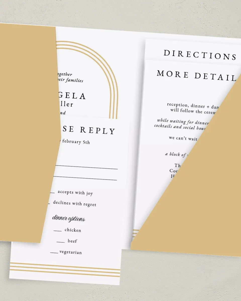 This is a 5" x 7⅞" Pocket Wedding Invitation called Charming Arch printed in full color with Gold foil on Luxe Satin (coated) paper