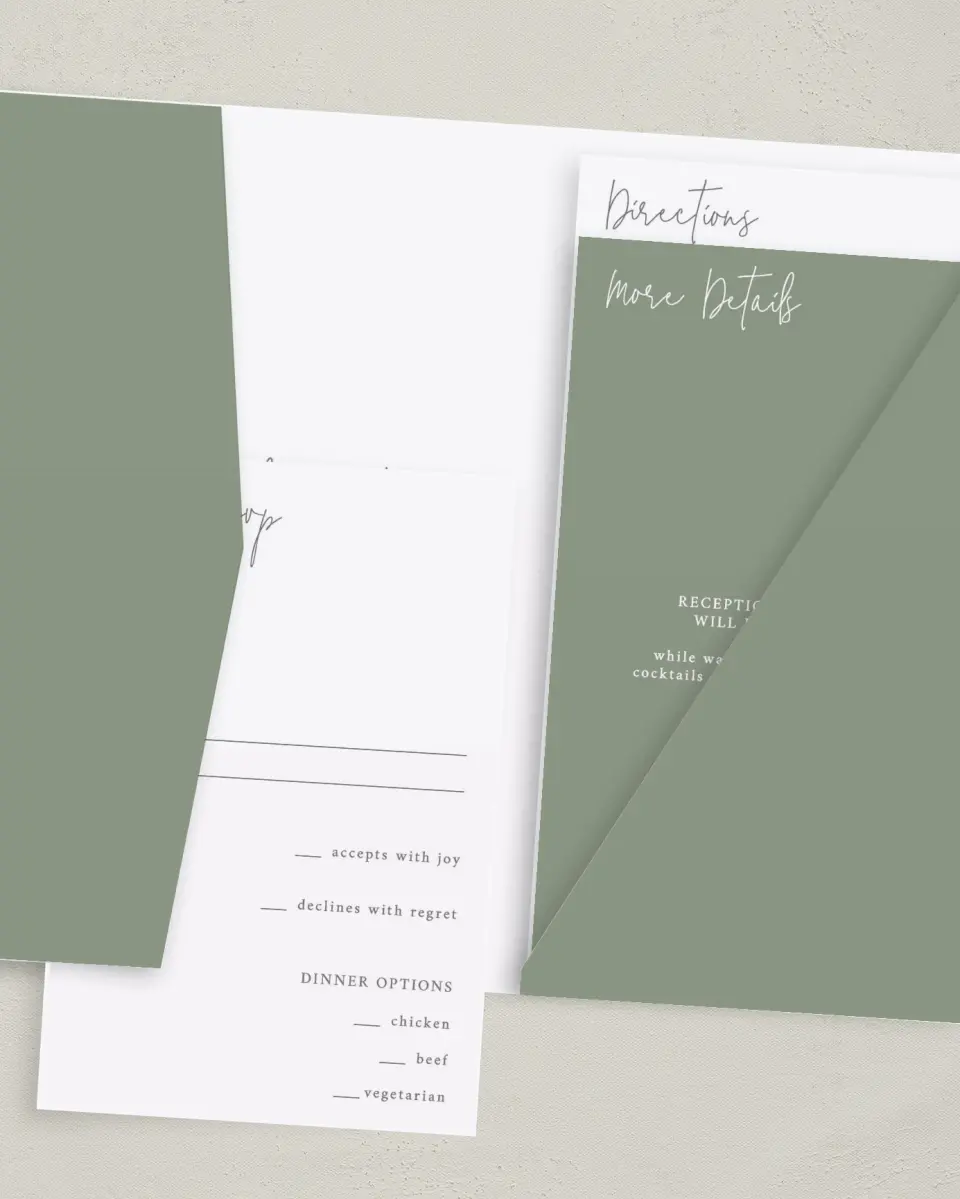 This is a 5" x 7⅞" Pocket Wedding Invitation called Bright Greens printed in full color with Gold foil on Luxe Satin (coated) paper