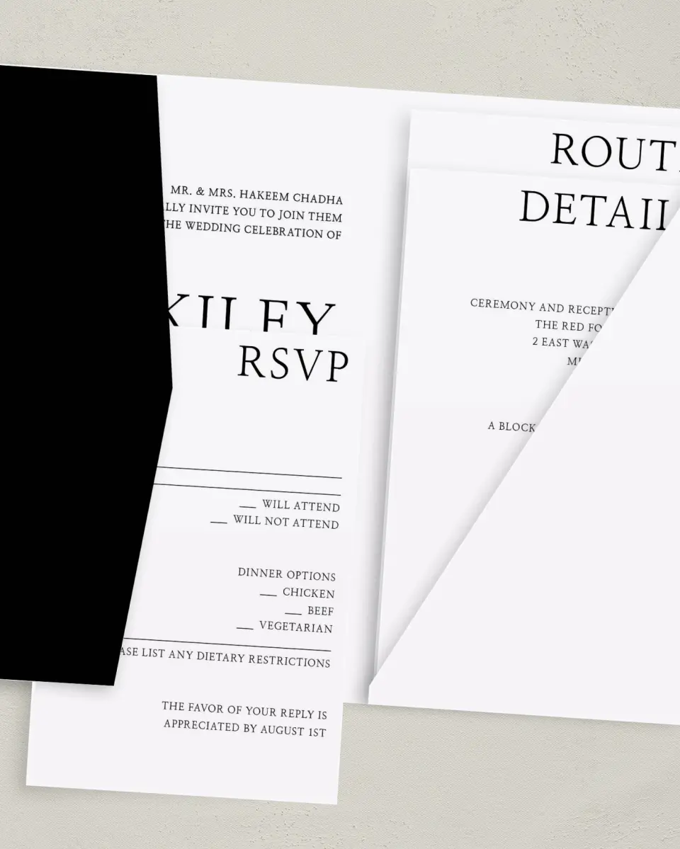 This is a 5" x 7⅞" Pocket Wedding Invitation called Bold Composition printed in full color with Gold foil on Luxe Satin (coated) paper