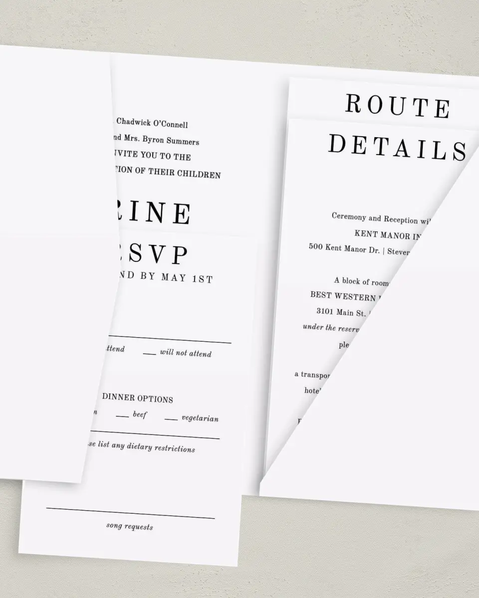 This is a 5" x 7⅞" Pocket Wedding Invitation called Classy Type printed in full color with Gold foil on Luxe Satin (coated) paper