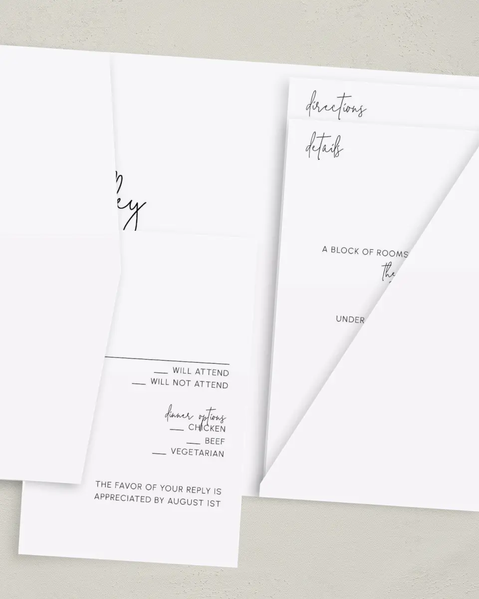 This is a 5" x 7⅞" Pocket Wedding Invitation called Mod Aesthetic printed in full color with Gold foil on Luxe Satin (coated) paper