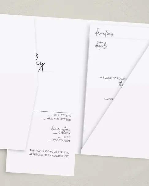 This is a 5" x 7⅞" Pocket Wedding Invitation called Mod Aesthetic printed in full color on Premium Smooth paper