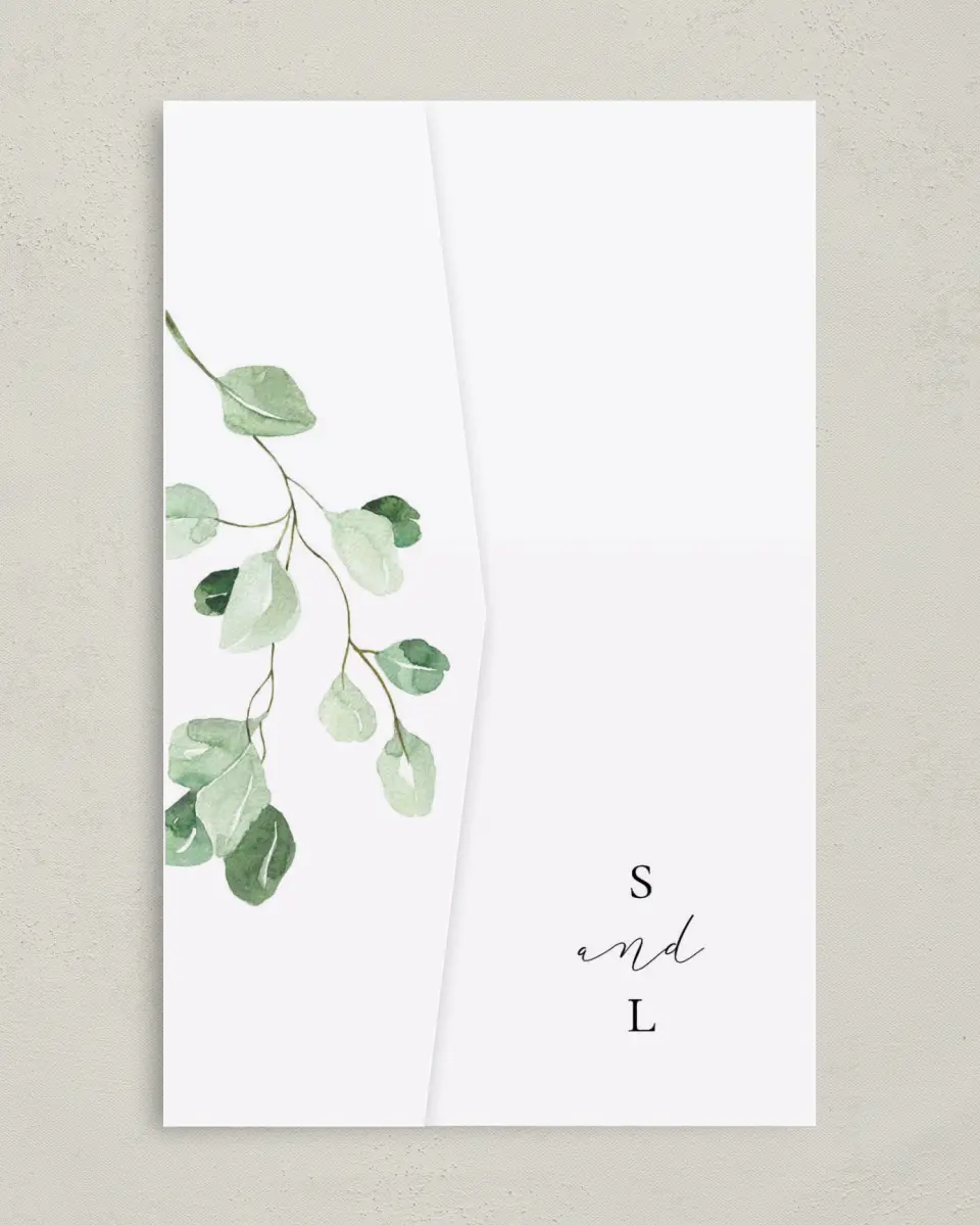 This is a 5" x 7⅞" Pocket Wedding Invitation called Sweet Greenery printed in full color on Premium Smooth paper