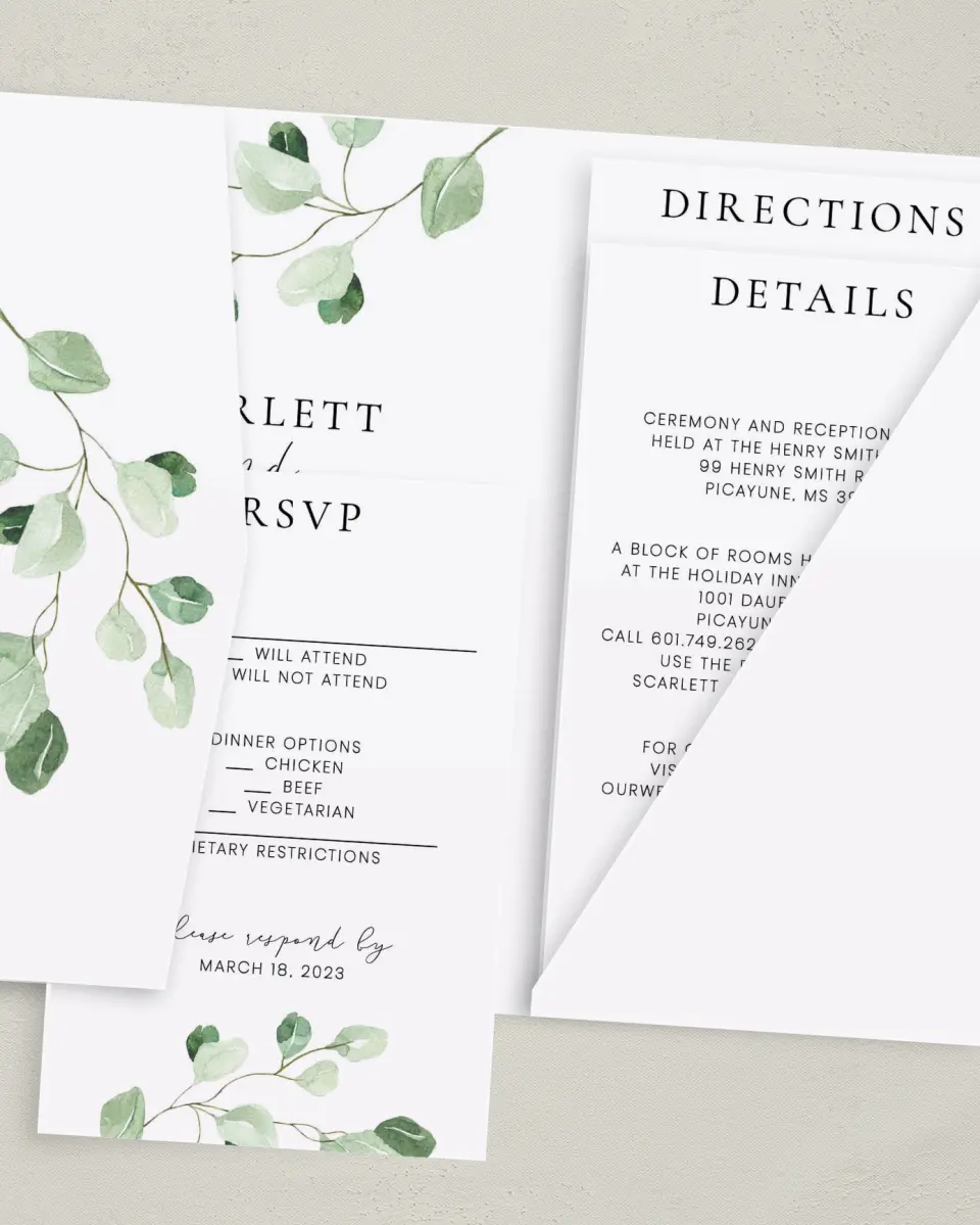 This is a 5" x 7⅞" Pocket Wedding Invitation called Sweet Greenery printed in full color with Gold foil on Luxe Satin (coated) paper