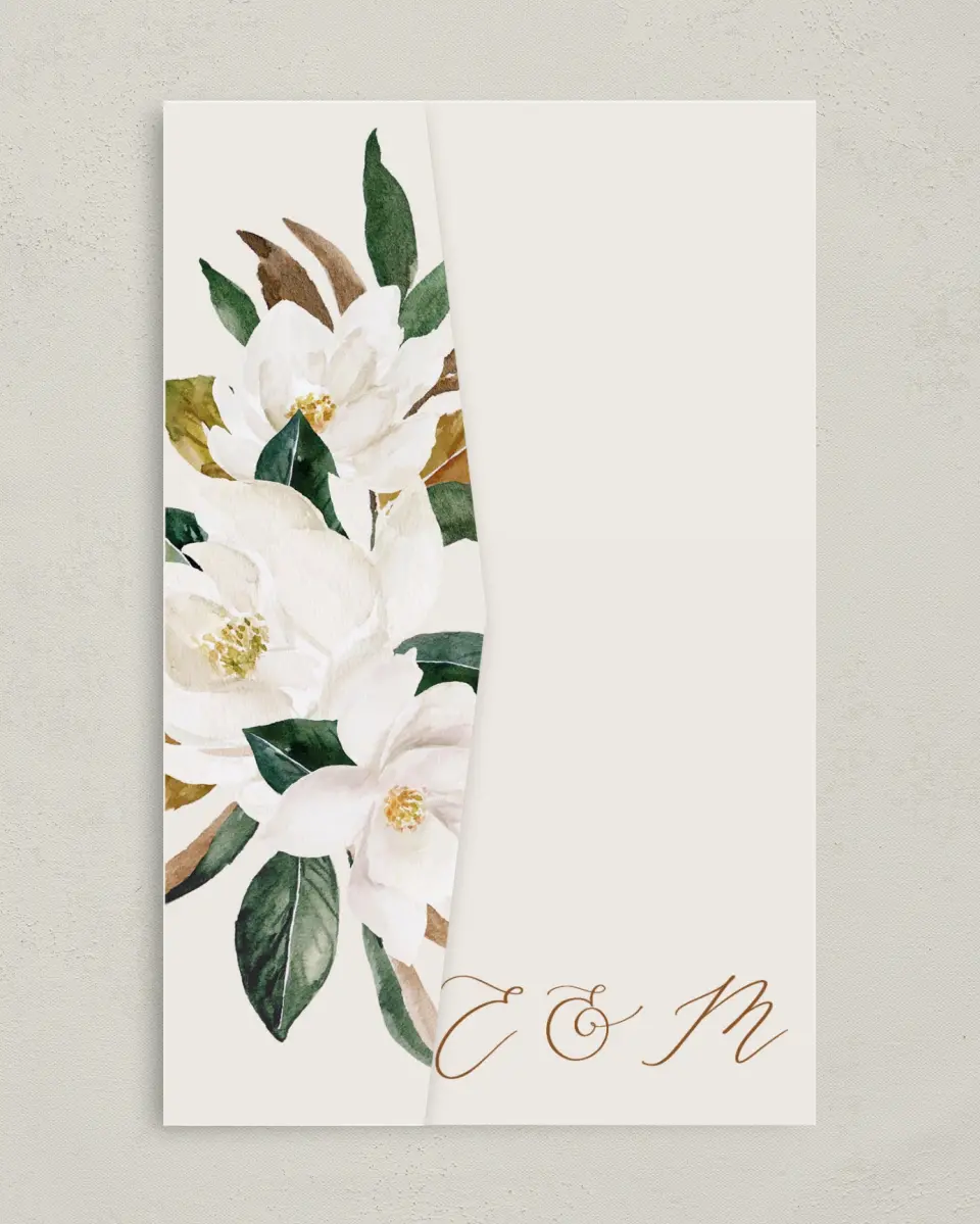 This is a 5" x 7⅞" Pocket Wedding Invitation called Soft Magnolia printed in full color on Premium Smooth paper