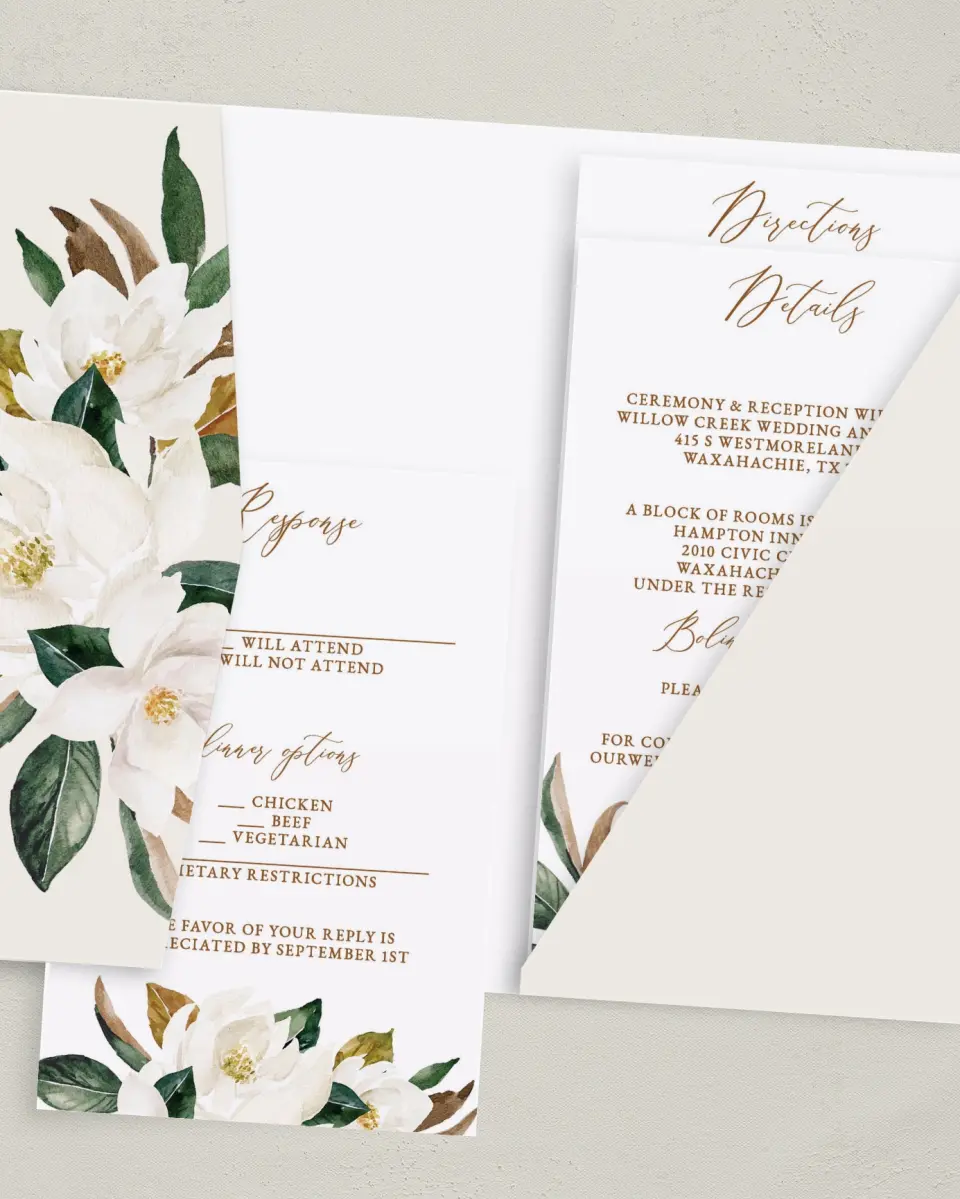 This is a 5" x 7⅞" Pocket Wedding Invitation called Soft Magnolia printed in full color with Gold foil on Luxe Satin (coated) paper
