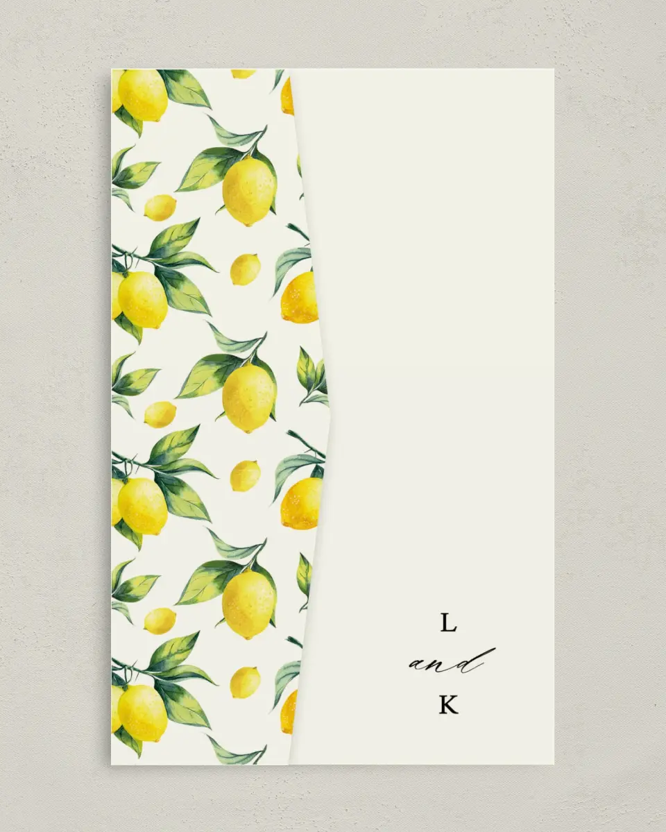 This is a 5" x 7⅞" Pocket Wedding Invitation called Antique Lemon printed in full color on Premium Smooth paper